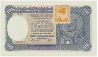 Československo, 100 Koruna 1940/1945, I. vydání + kolek, série se 2 čísly, perf. 1x SPECIMEN nahoře, Hej.62a2.S1