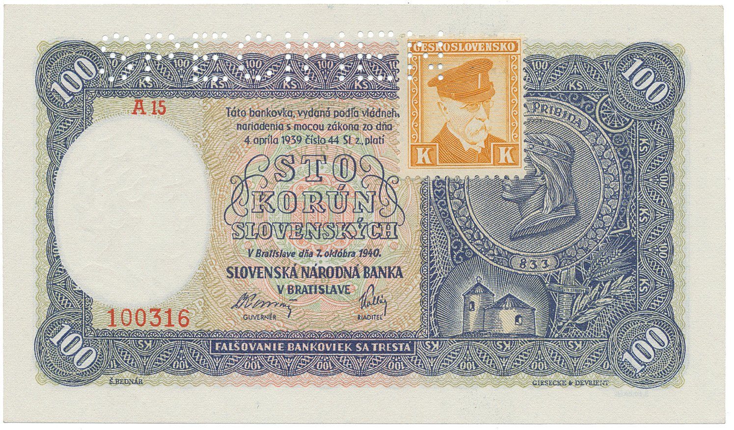 Československo, 100 Koruna 1940/1945, I. vydání + kolek, série se 2 čísly, perf. 1x SPECIMEN nahoře, Hej.62a2.S1