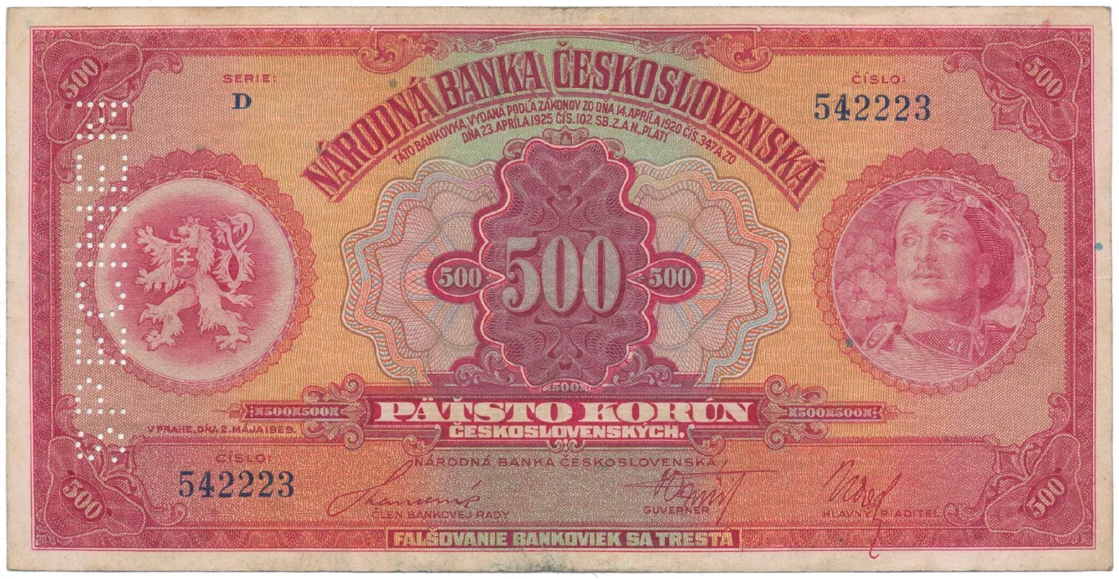 500 Koruna 1929, série D, SPECIMEN svisle, Hej.23c.S2