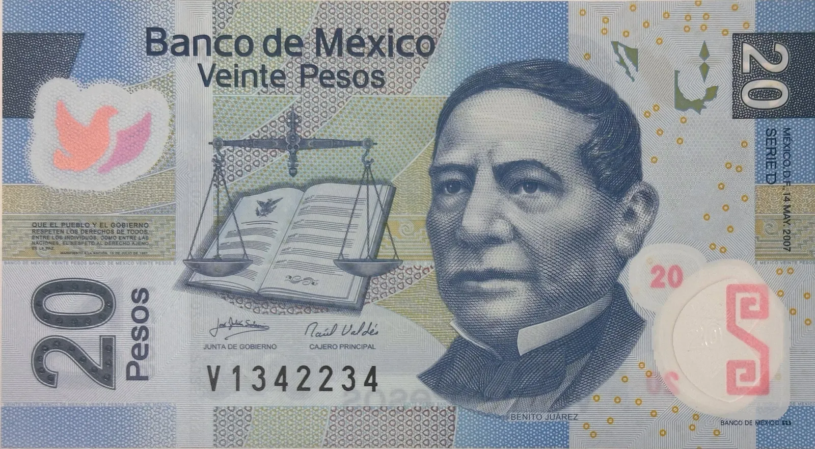 Mexiko, 20 Pesos 2007-2012, plastová, P.122d-t