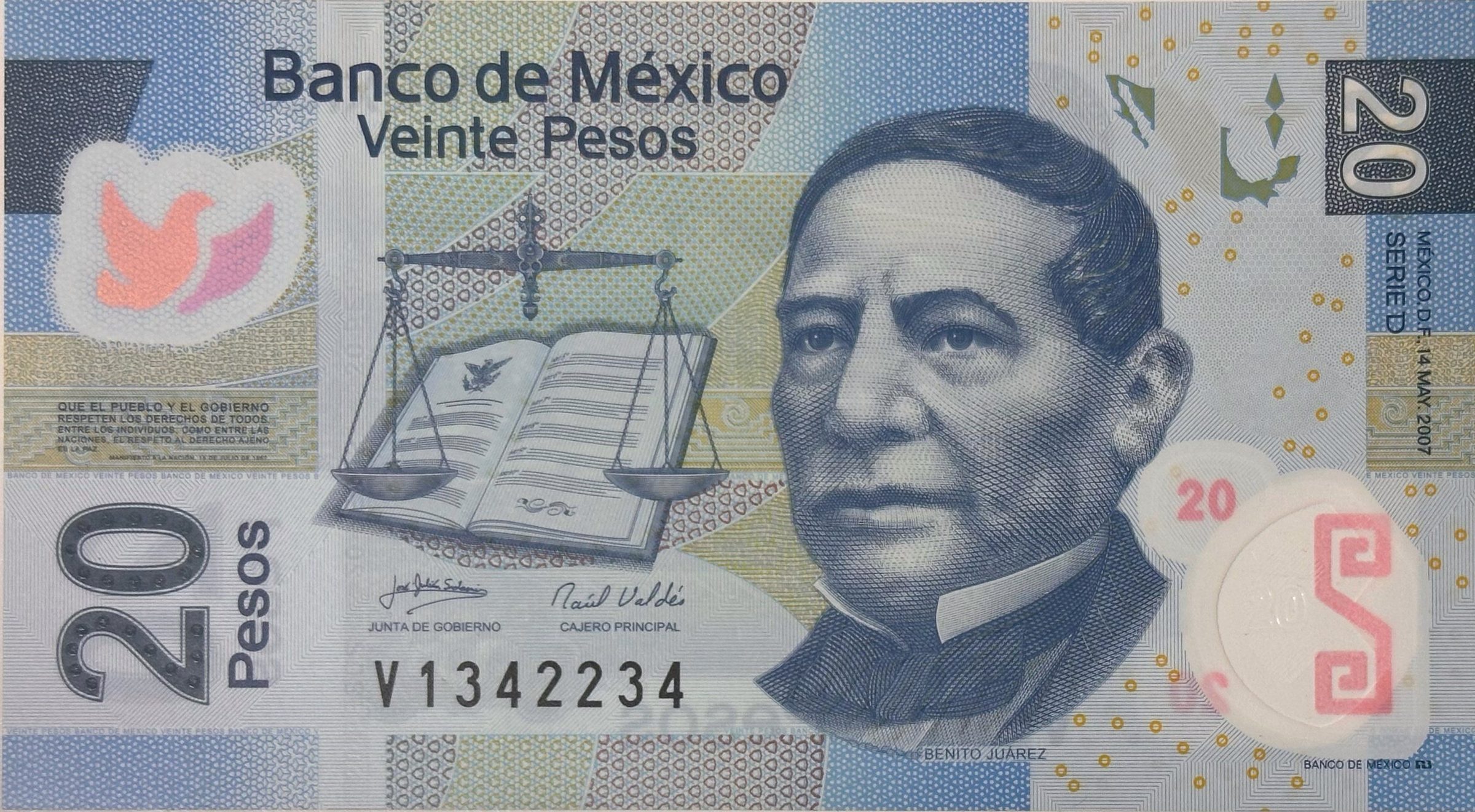 Mexiko, 20 Pesos 2007-2012, plastová, P.122d-t