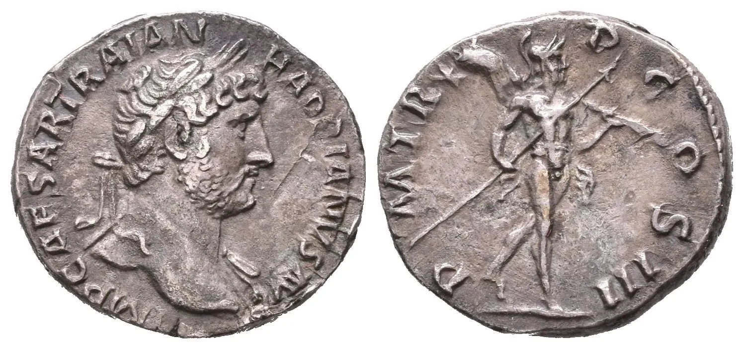 Denár, 119 - 122, Rv: P M TR P COS III, kráčející Mars doprava nese oštěp a trofej, — 1