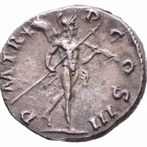 Denár, 119 - 122, Rv: P M TR P COS III, kráčející Mars doprava nese oštěp a trofej,
