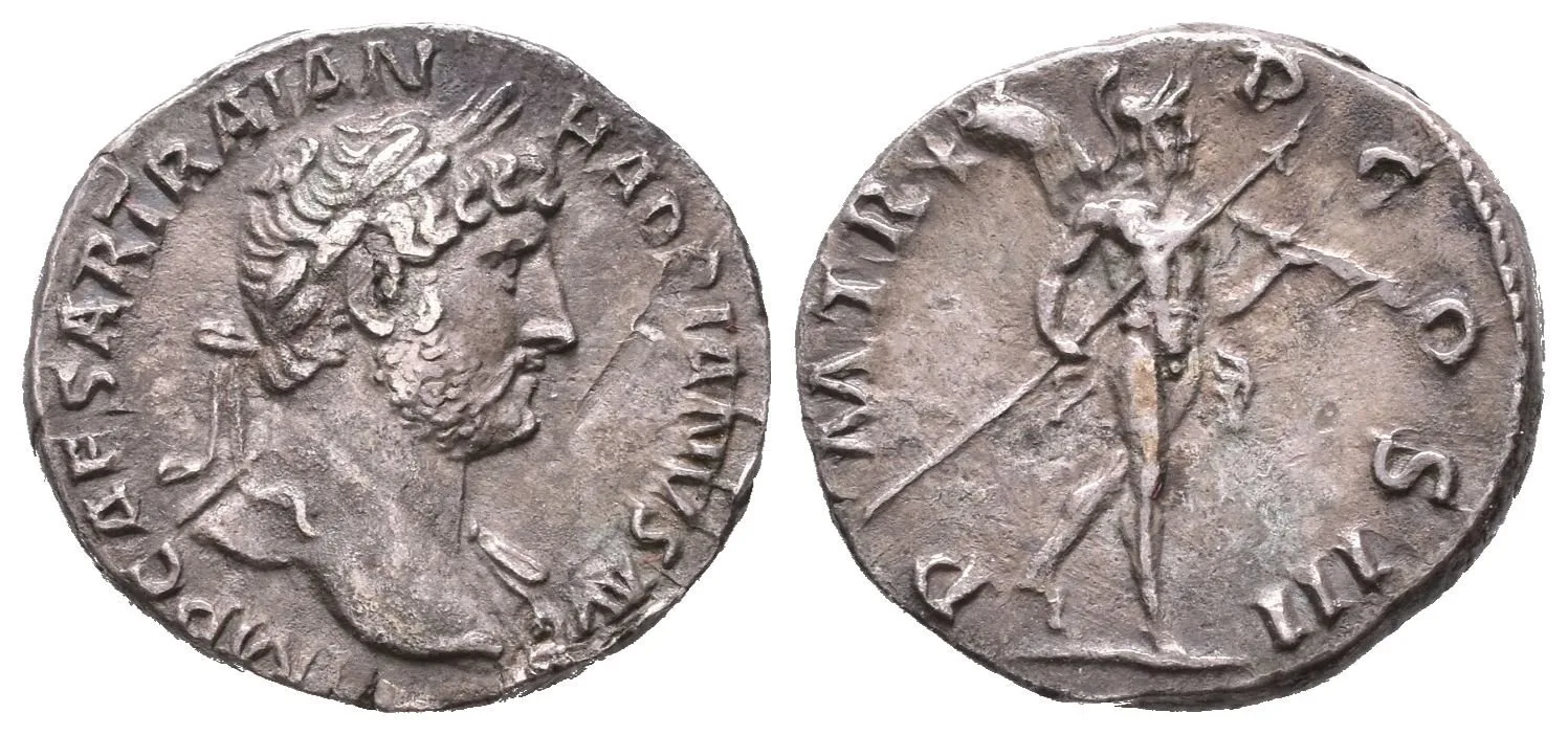 Denár, 119 - 122, Rv: P M TR P COS III, kráčející Mars doprava nese oštěp a trofej, — 1