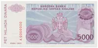 Chorvatsko - Srbská Krajina, 5000 Dinara 1993, anulát, A 0000000, P.R20