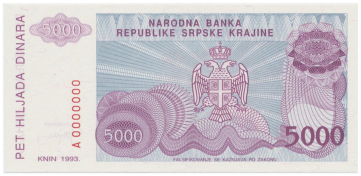 Chorvatsko - Srbská Krajina, 5000 Dinara 1993, anulát, A 0000000, P.R20