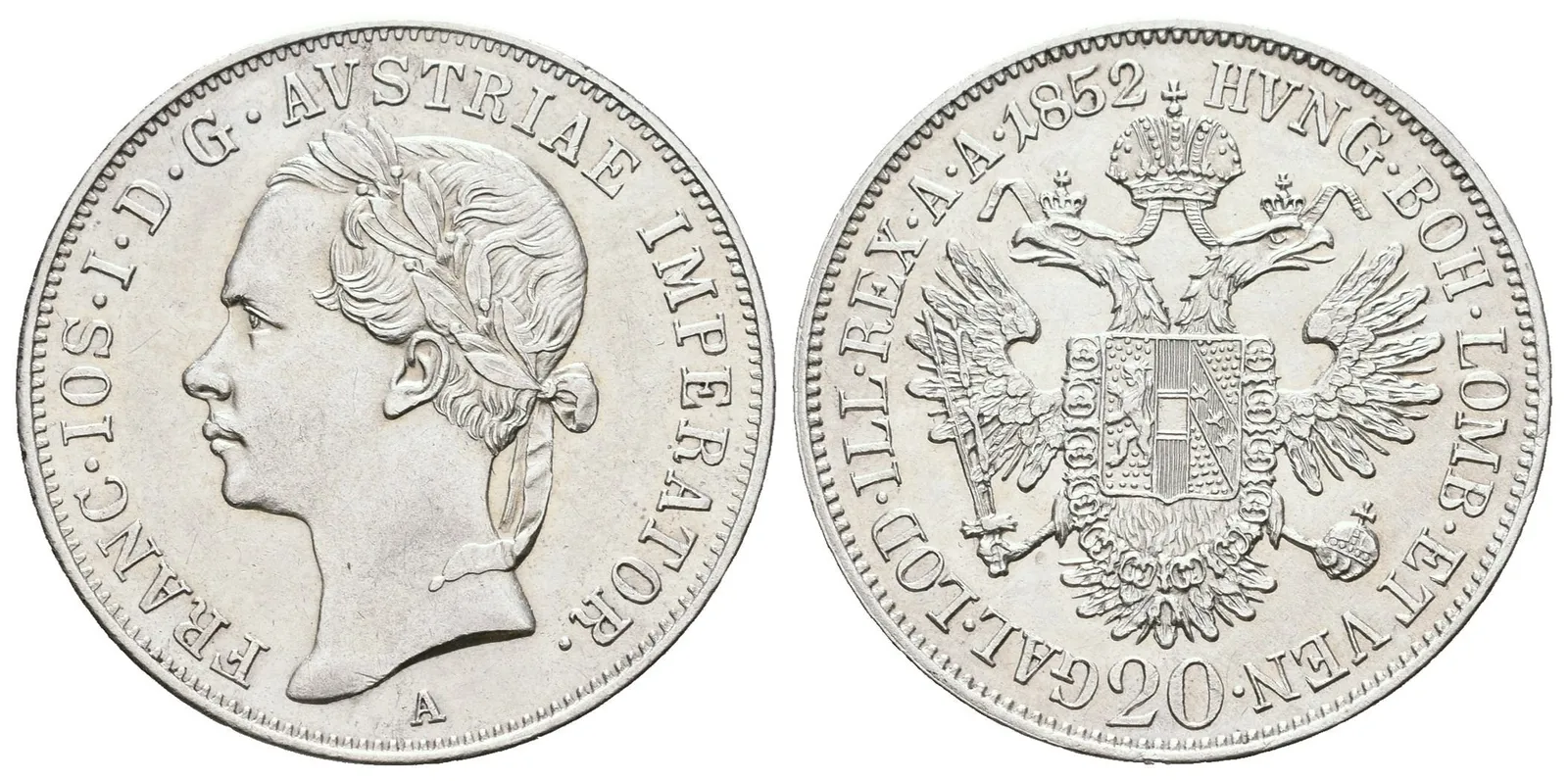20 Krejcar 1852 A - Hlava zleva, krásná zachovalost, lesk, patina, drobné rysky — 1