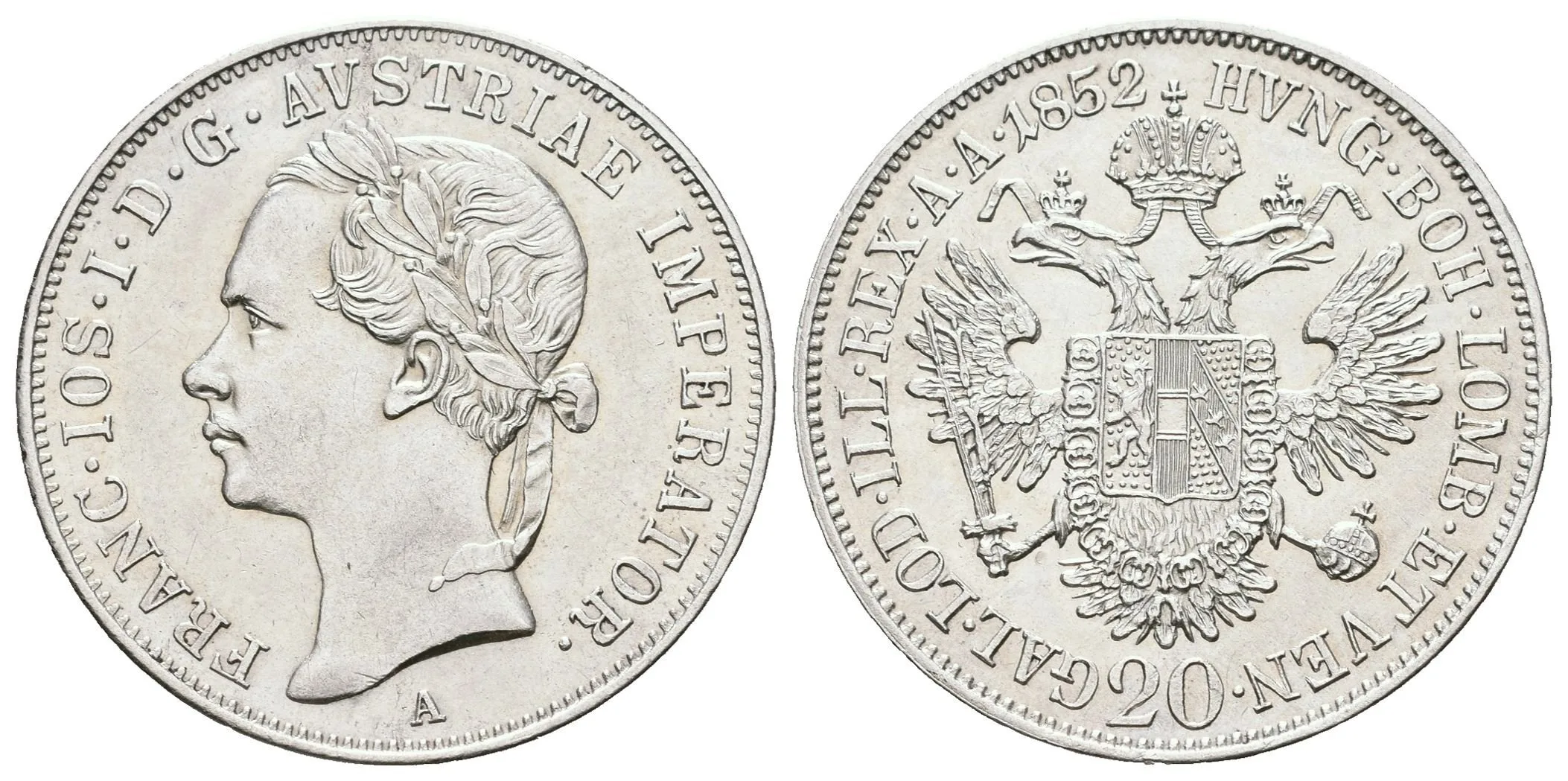 20 Krejcar 1852 A - Hlava zleva, krásná zachovalost, lesk, patina, drobné rysky — 1
