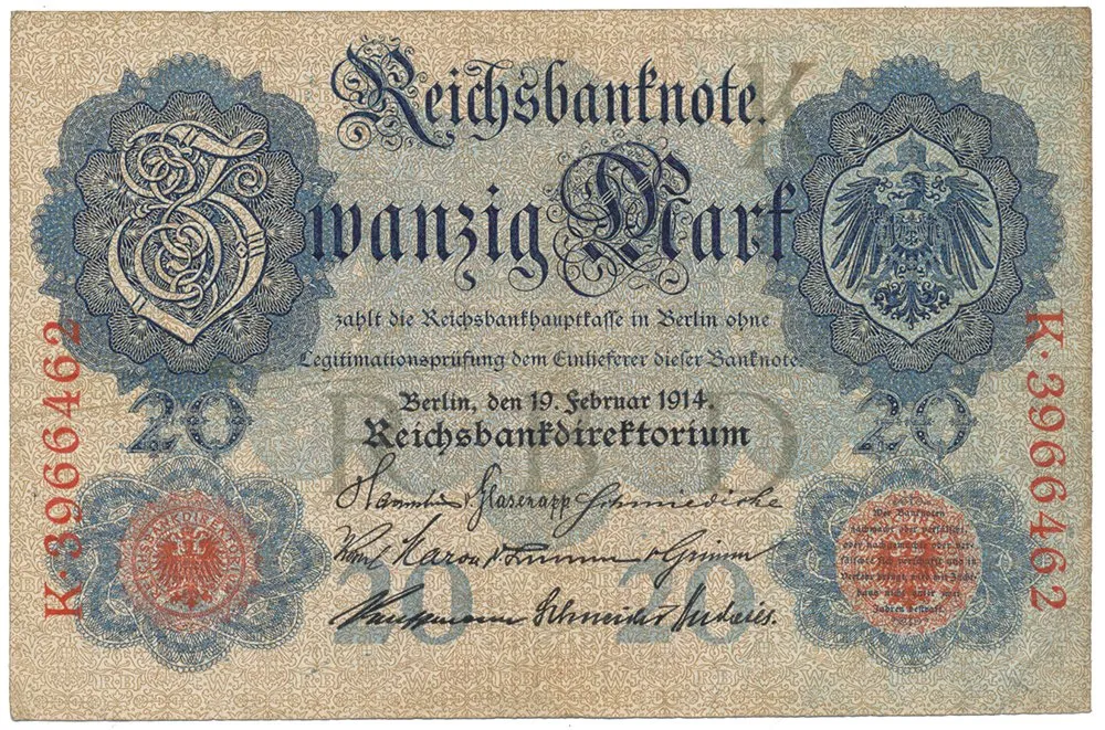 Německo, 20 Mark 1914, 7-místný číslovač, Ro.47b