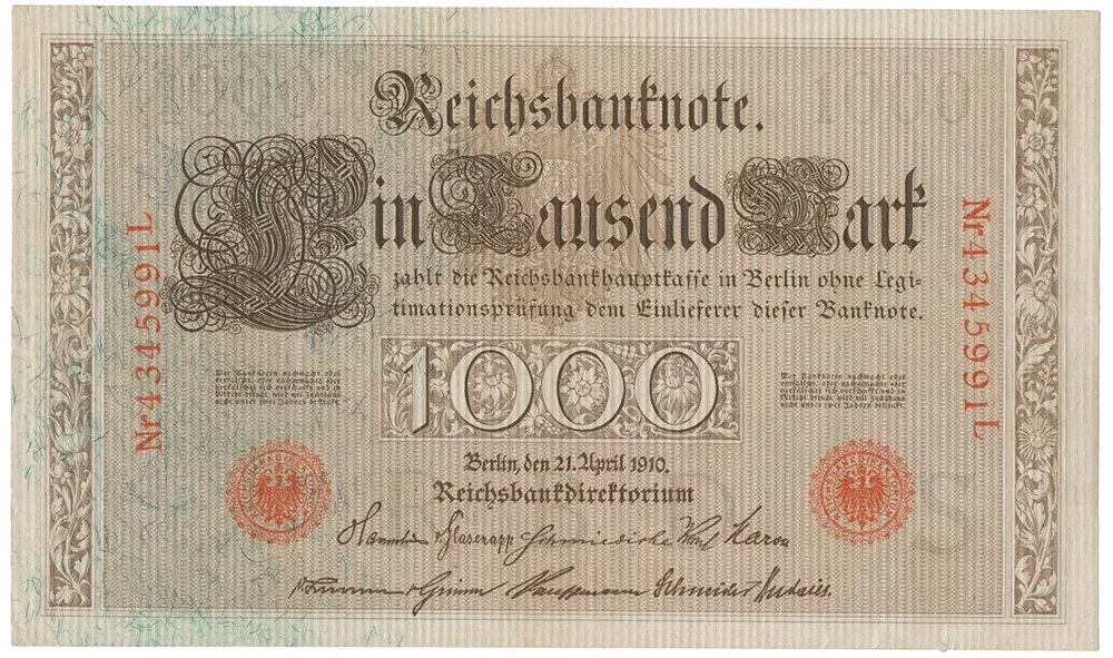 Německo, 1000 Mark 1910, červený 7- místný číslovač, zelená vlákna, Ro.45d