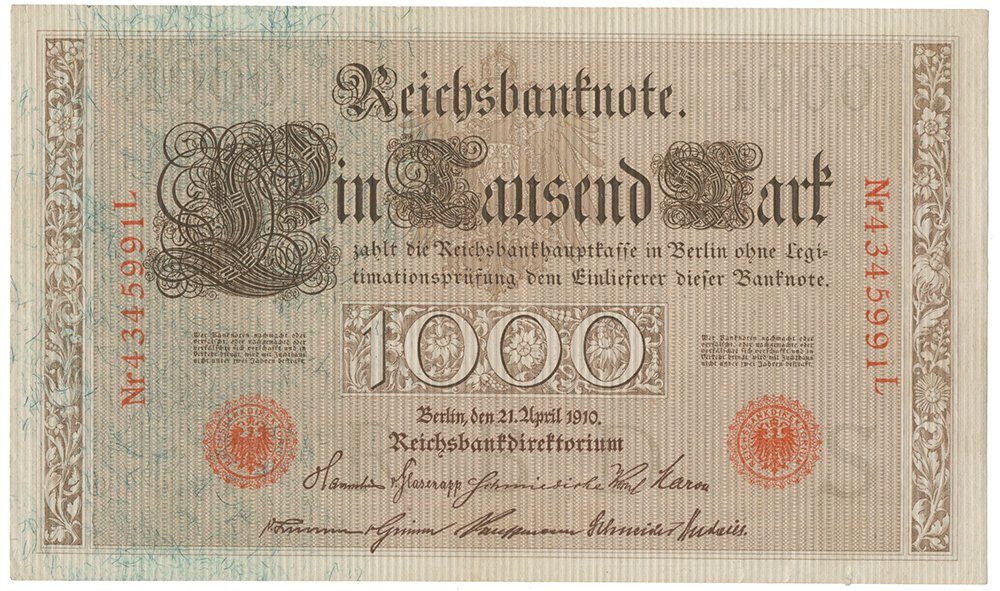 Německo, 1000 Mark 1910, červený 7- místný číslovač, zelená vlákna, Ro.45d