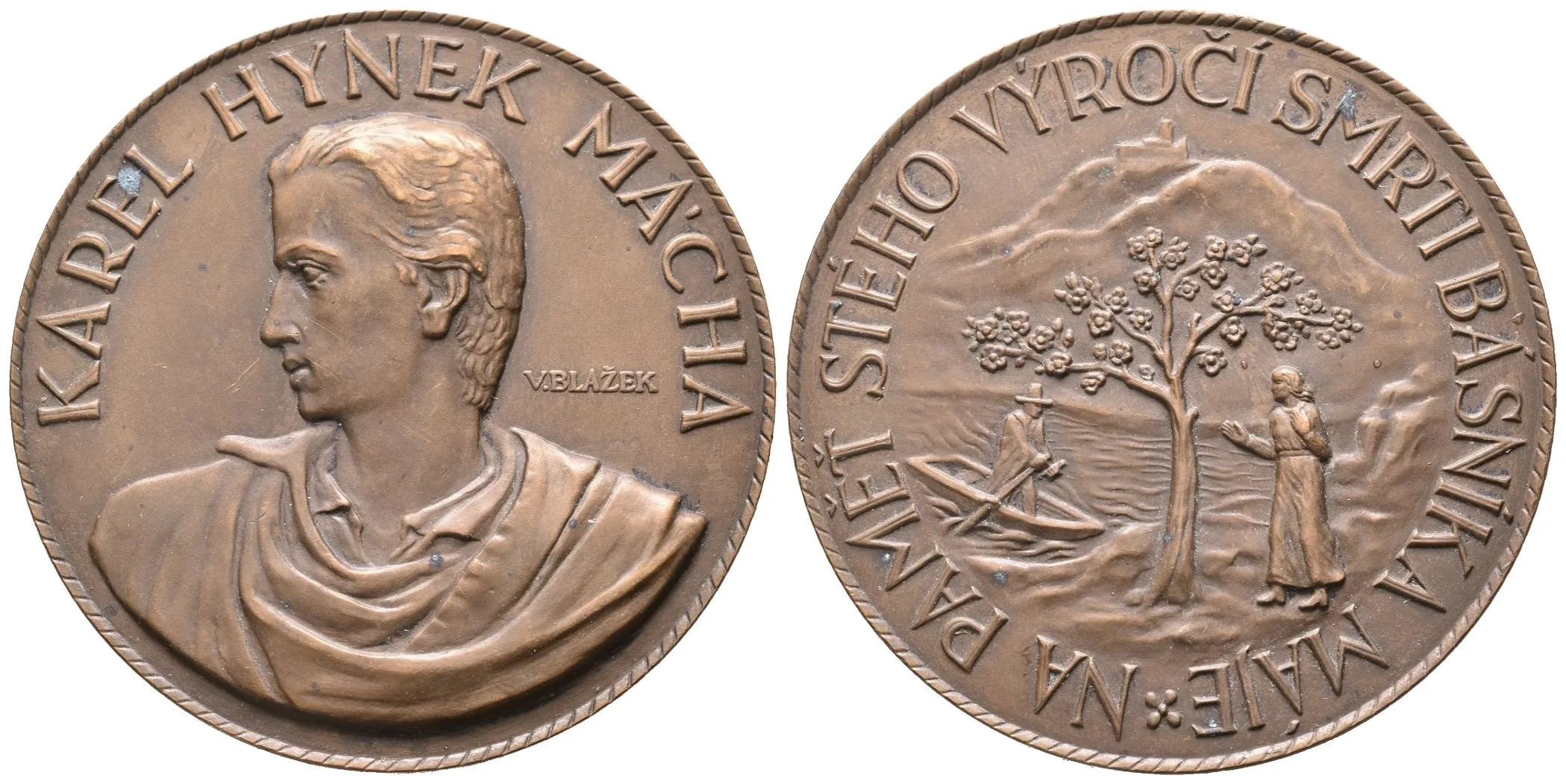 AE Medaile b.l. (1936) - K 100. výročí smrti Karla Hynka Máchy. Bronz 60 mm — 1