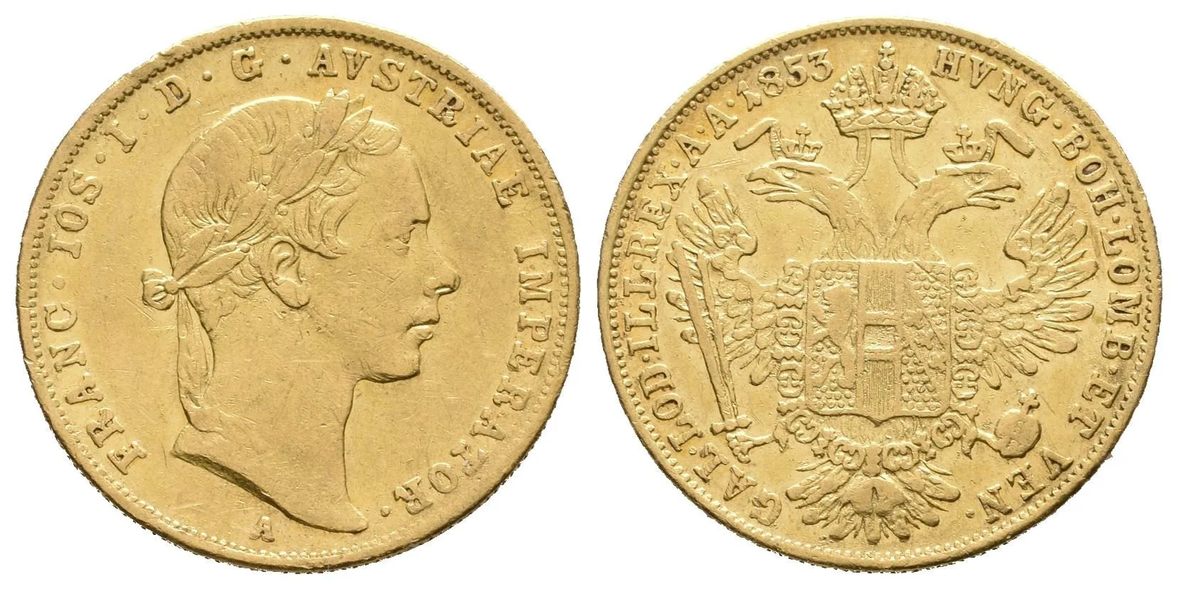 Dukát 1853 A, nep. zbytky lesku, rysky a hranky — 1