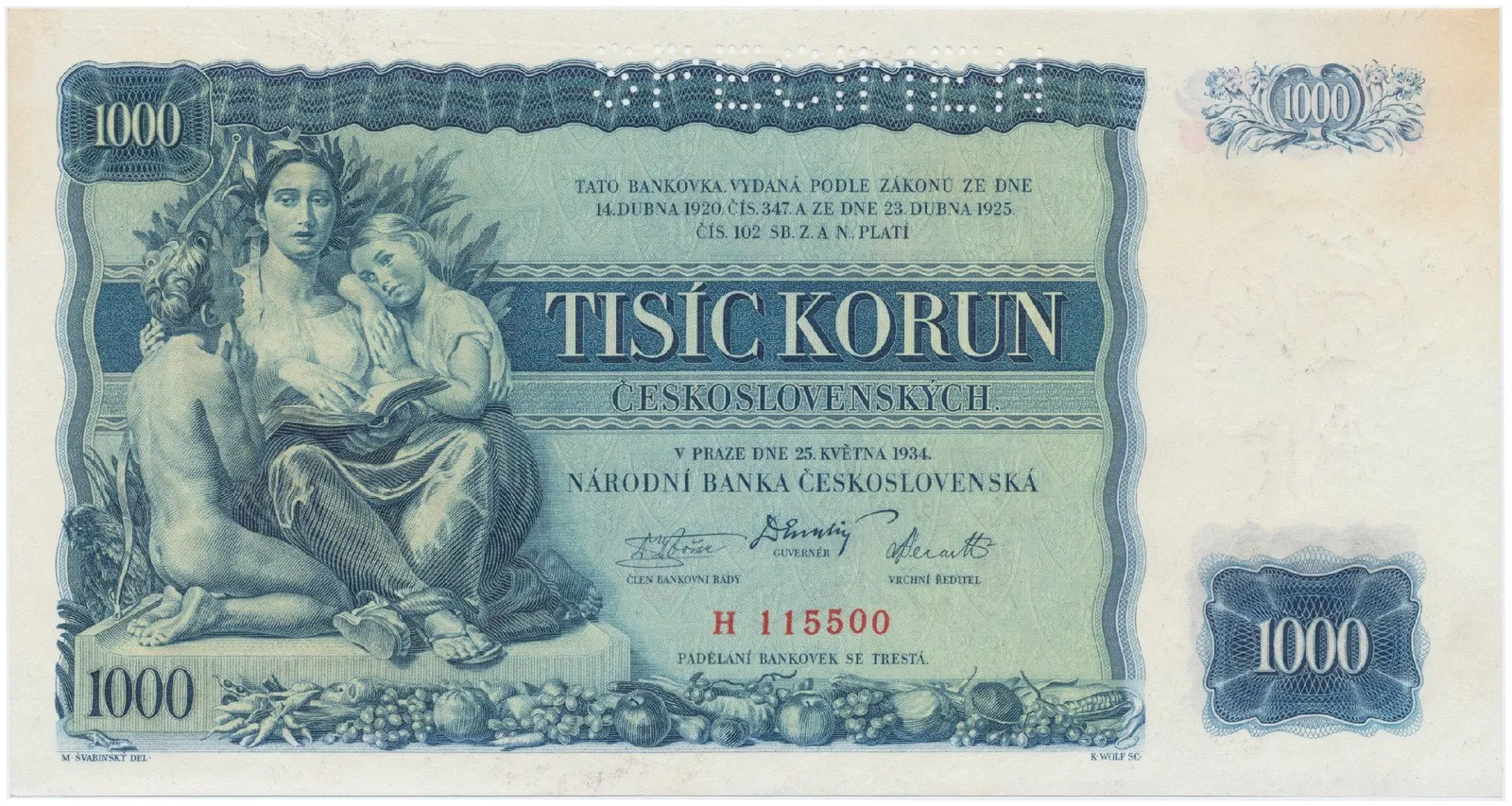 1000 Koruna 1934, SPECIMEN, Hej.27a.S1