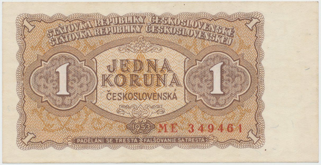 Československo, 1 Koruna 1953, tisk Praha, série ME, Hej.89b1