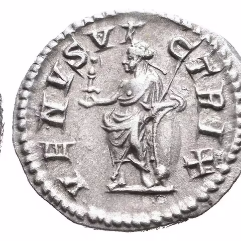 Denár, 213 - 217, Rv: VENVS VICTRIX, stojící Venus zleva drží Victorii a oštěp,