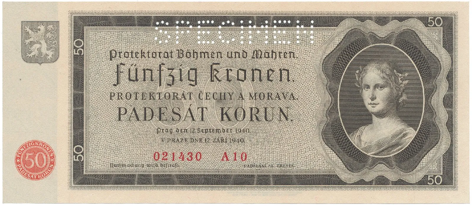 Protektorát Čechy a Morava, 50 Koruna 1940, perf. 1x SPECIMEN, Hej.34a.S1