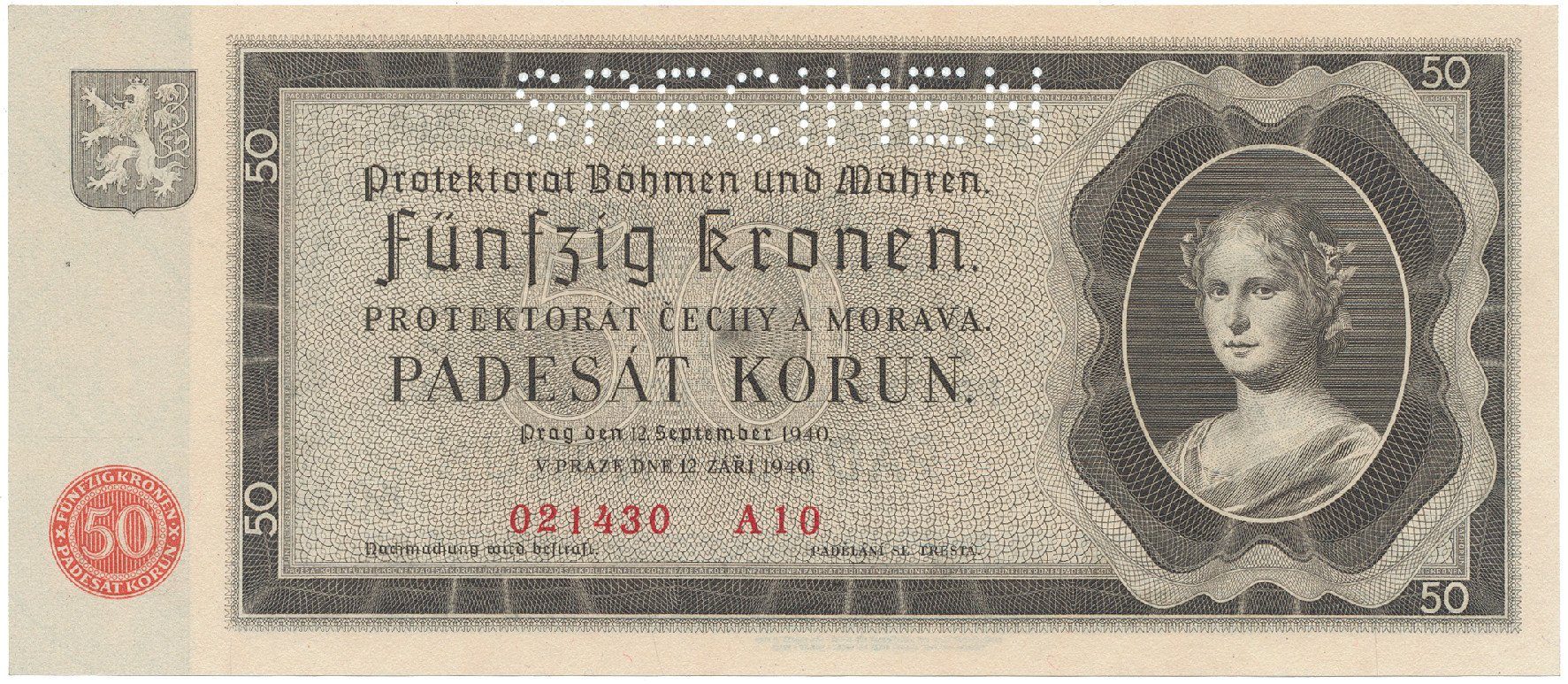 Protektorát Čechy a Morava, 50 Koruna 1940, perf. 1x SPECIMEN, Hej.34a.S1