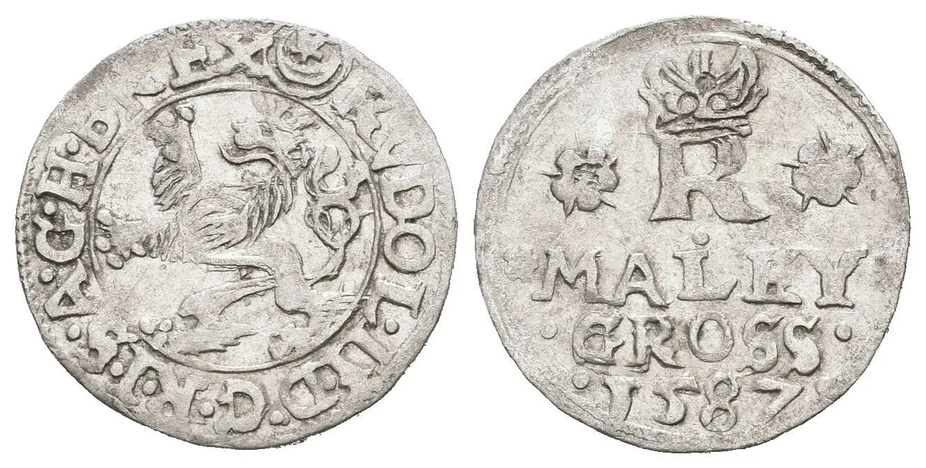 Malý groš 1587, Jáchymov-Hofmann, HN.8a (opis 7c), pěkná zachovalost, patina — 1