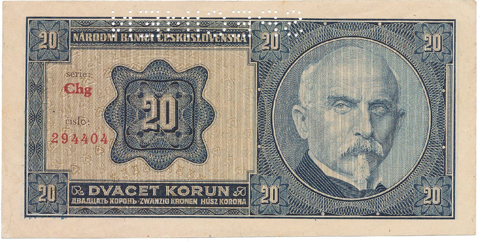 Československo, 20 Koruna 1926, série Chg, tisk TB NBČS, perf. 1x SPECIMEN, Hej.21c2.S1