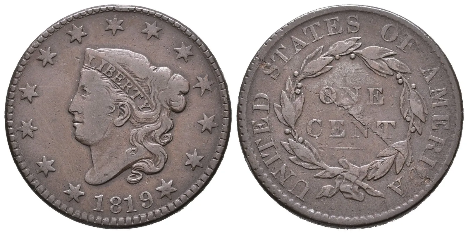 1 Cent 1819, KM.45.1, tmavá patina, rysky, vada střížku na Rv. — 1