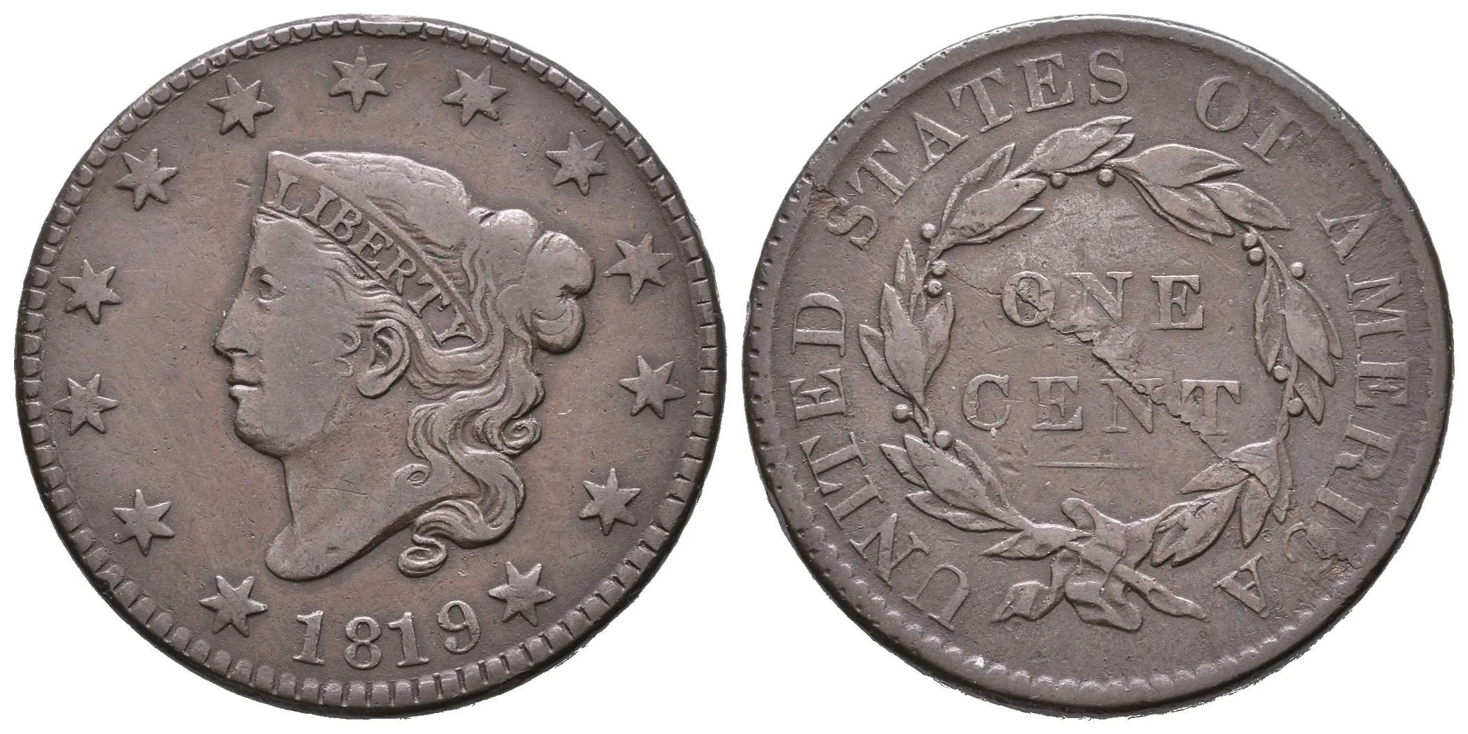 1 Cent 1819, KM.45.1, tmavá patina, rysky, vada střížku na Rv. — 1