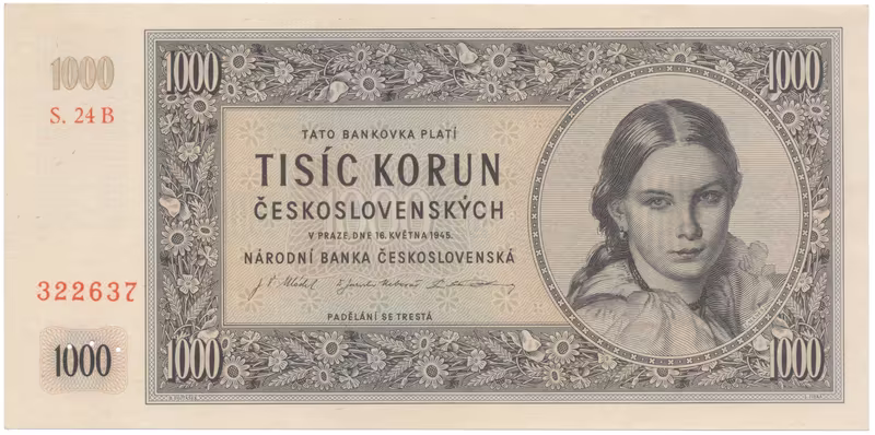 1000 Koruna 1945, I. vydání, série B, perforace 3 m.d. v obloučku, Hej.78bS2