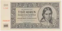 1000 Koruna 1945, I. vydání, série B, perforace 3 m.d. v obloučku, Hej.78bS2