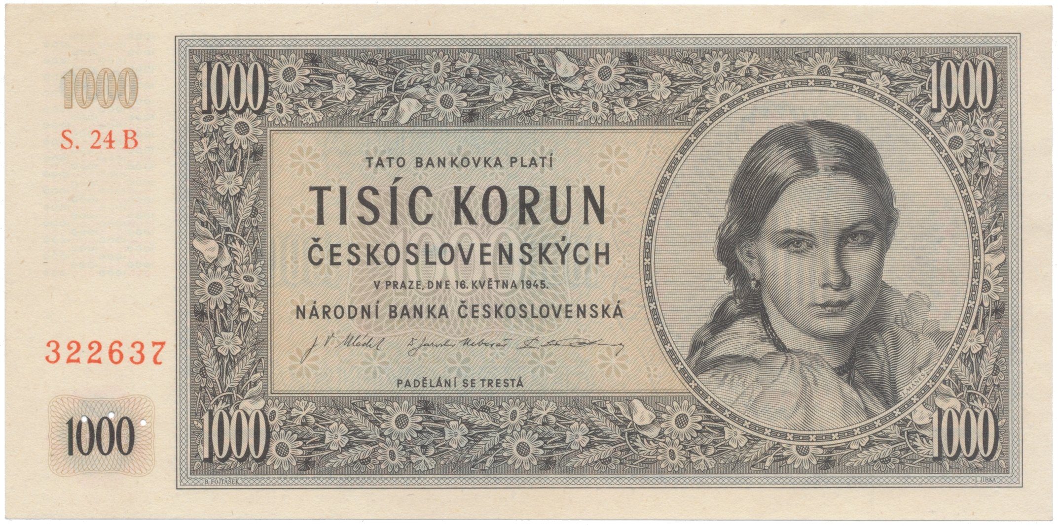 1000 Koruna 1945, I. vydání, série B, perforace 3 m.d. v obloučku, Hej.78bS2