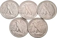 1/2 Dollar 1941, 1942, 1943, 1944 S, 1945 S, pěkné i oběhové zachovalosti, — 2
