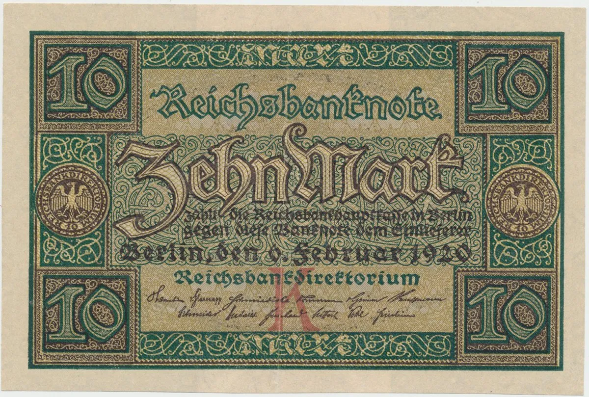 Německo, 10 Mark 1920, 7-místný číslovač, Ro.63a