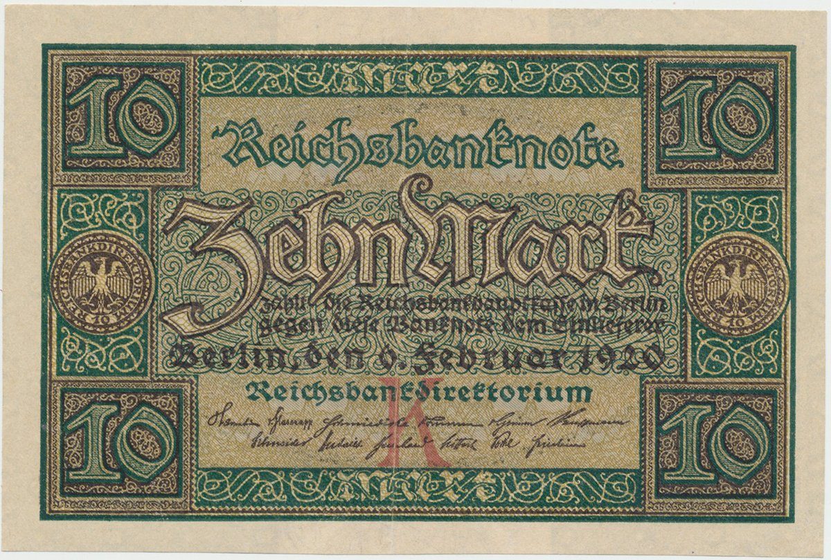 Německo, 10 Mark 1920, 7-místný číslovač, Ro.63a