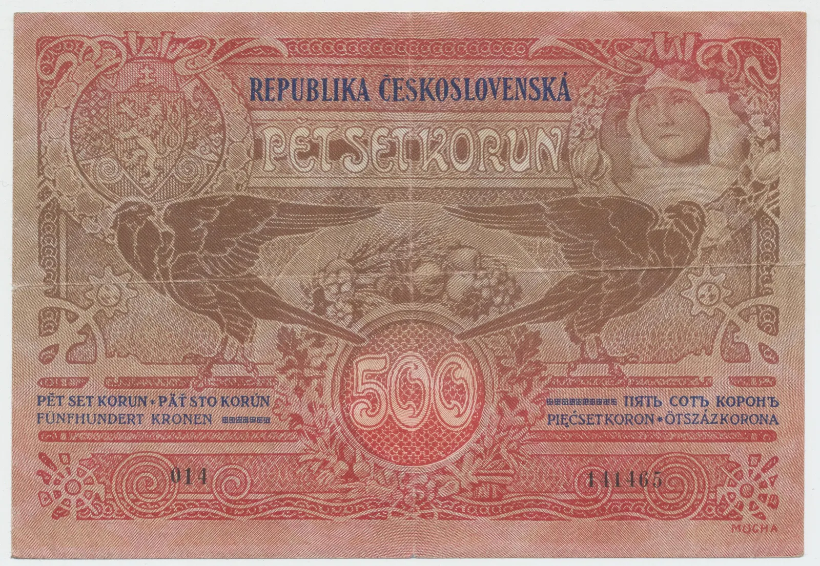 Československo, 500 Koruna 1919, série 014, dobový padělek "Meszáros", Hej.13P2
