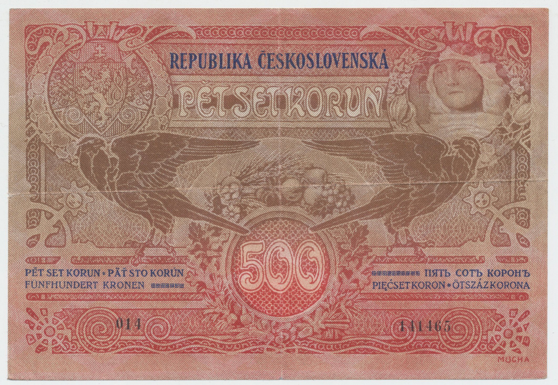 Československo, 500 Koruna 1919, série 014, dobový padělek "Meszáros", Hej.13P2