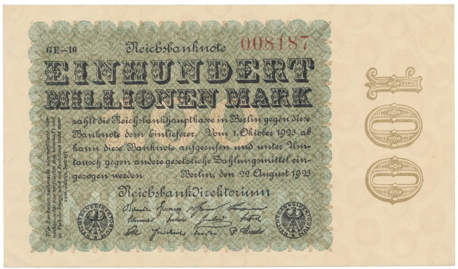 Německo, 100 Millionen Mark 1923, Ringe, Ro.106q
