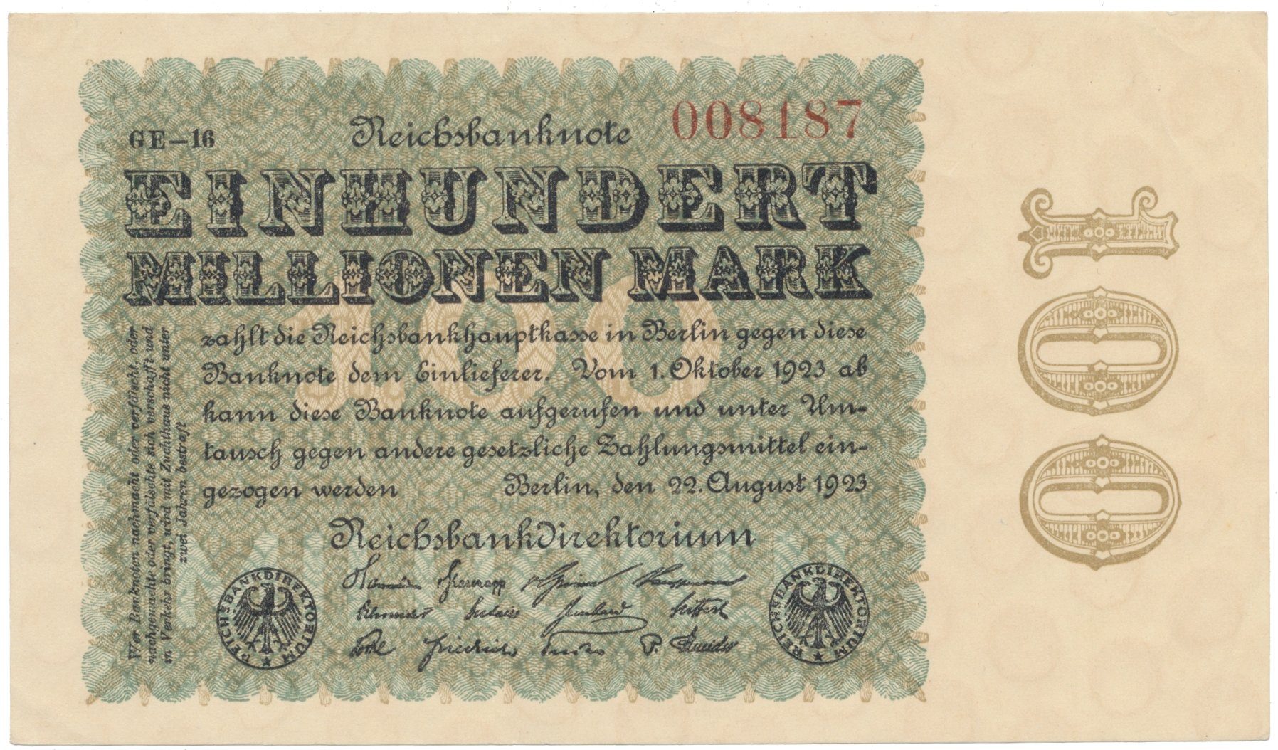 Německo, 100 Millionen Mark 1923, Ringe, Ro.106q