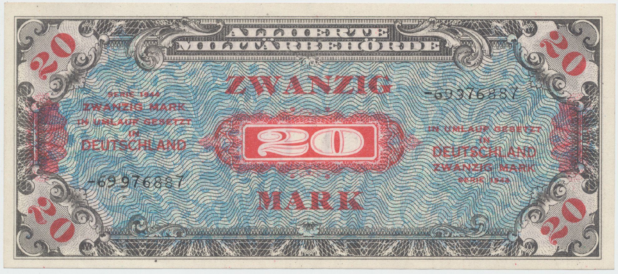 Okupační poukázky Allierte, 20 Mark 1944, tisk SSSR, 8-místný číslovač, Hej.AM5d