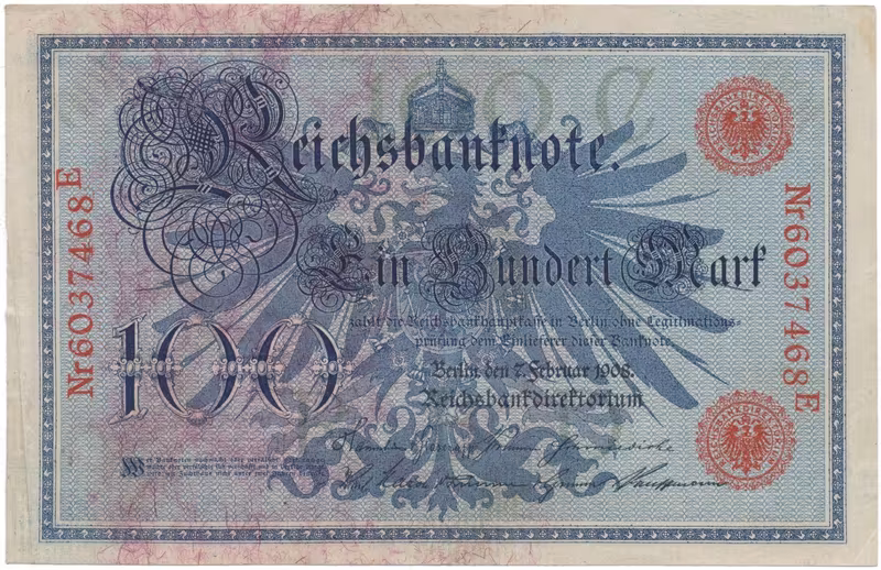 Německo, 100 Mark 1908, červený číslovač 29 mm, Ro.33b
