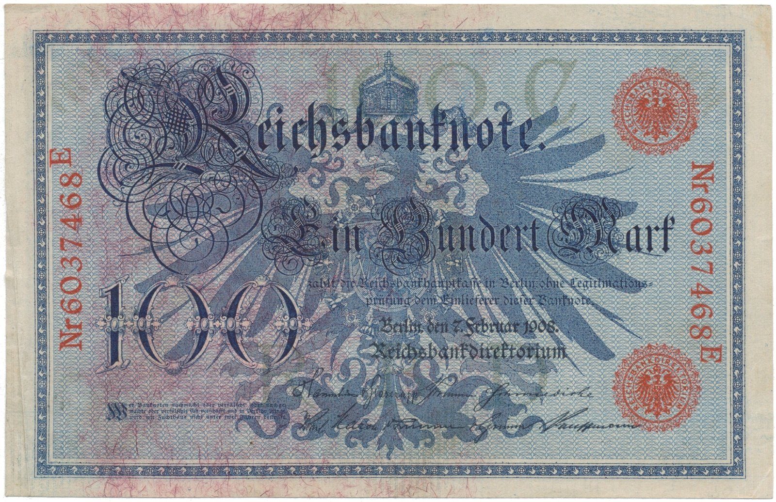 Německo, 100 Mark 1908, červený číslovač 29 mm, Ro.33b