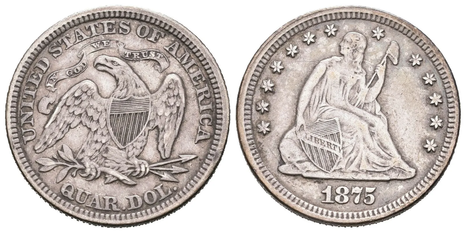 1/4 Dollar 1875, KM.A98, patina, rysky jinak pěkná zachovalost — 1