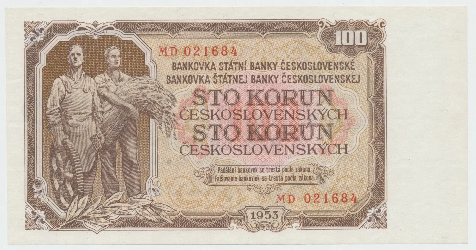 Československo, 100 Koruna 1953, tisk Praha, série MD, perf. 3 m.d., Hej.95b.S1