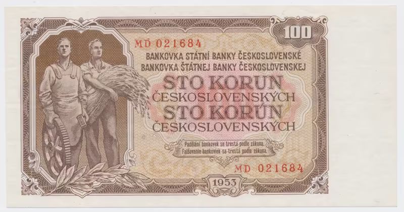 Československo, 100 Koruna 1953, tisk Praha, série MD, perf. 3 m.d., Hej.95b.S1