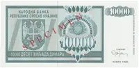 Chorvatsko - Srbská Krajina, 10.000 Dinara 1992, bankovní vzor, AA 0000000, přet. SPECIMEN, P.R7s - fotografie 2