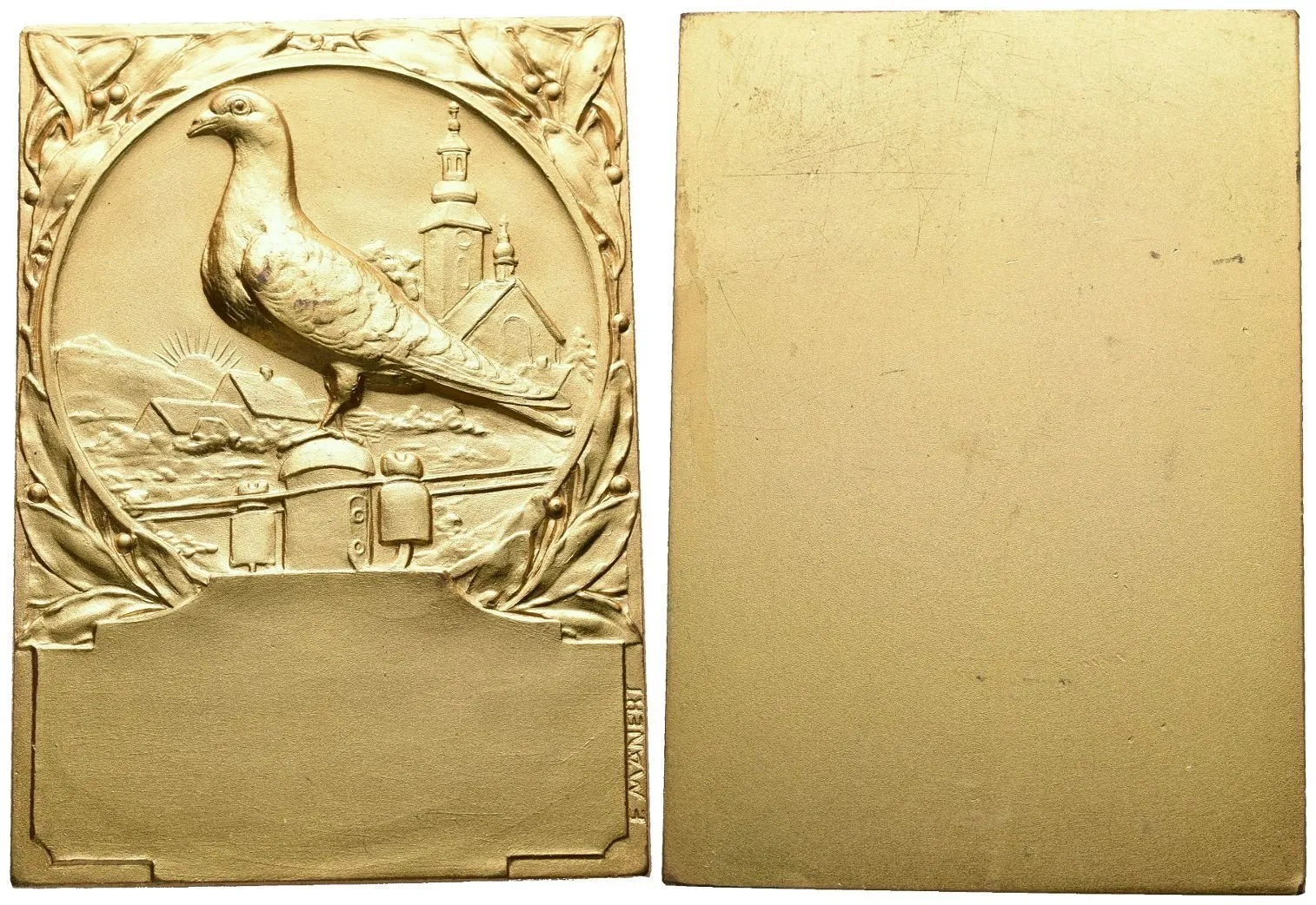 AE Plaketa b.l. - Cena za zásluhy v holubnictví, neudělená. Pozlac. bronz 84 x 60 mm — 1