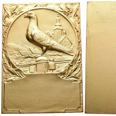 AE Plaketa b.l. - Cena za zásluhy v holubnictví, neudělená. Pozlac. bronz 84 x 60 mm