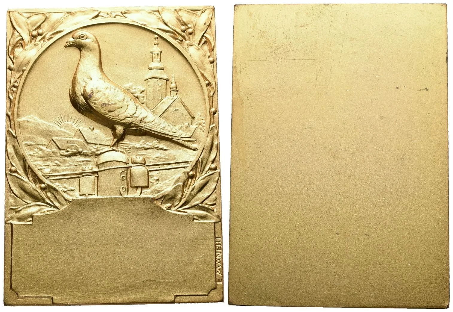 AE Plaketa b.l. - Cena za zásluhy v holubnictví, neudělená. Pozlac. bronz 84 x 60 mm — 1