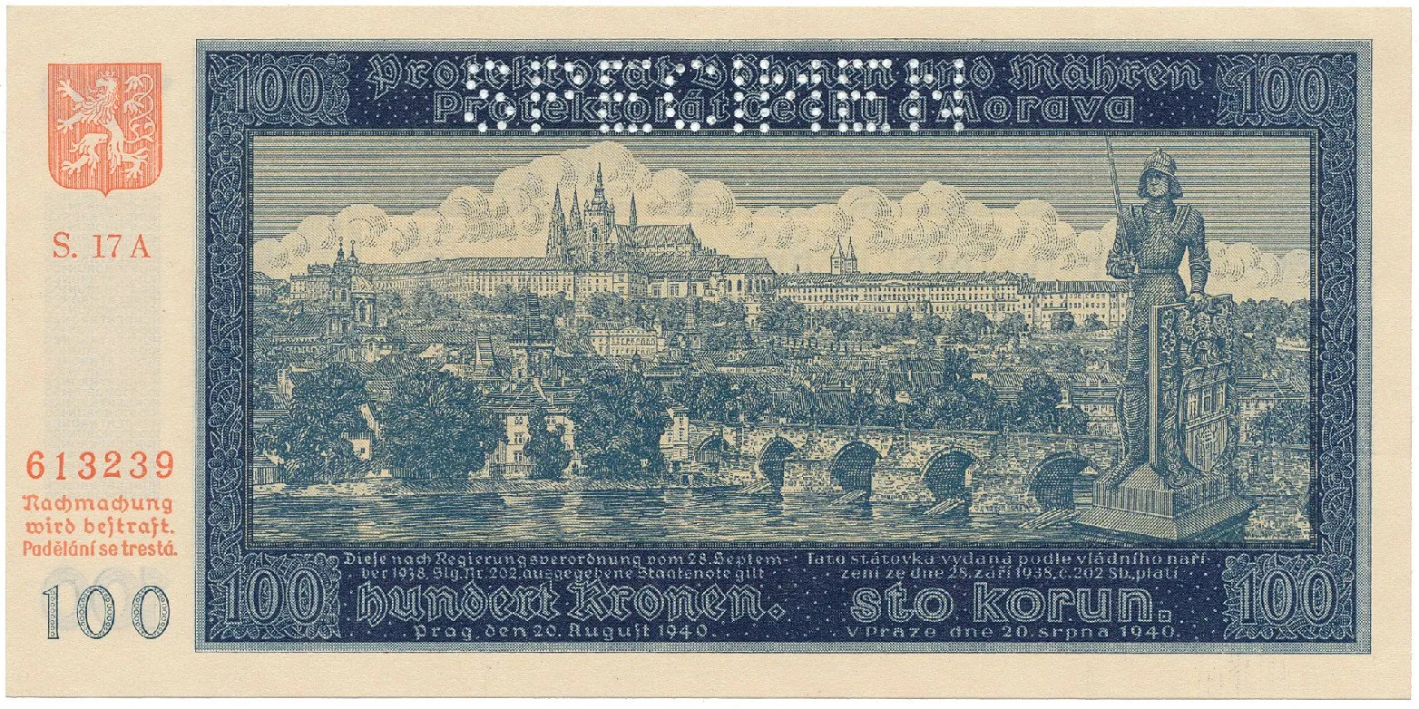 Protektorát Čechy a Morava, 100 Koruna 1940, II. vydání, tisk TB NBČM, série A, perf.1x SPECIMEN, Hej.33aA.S1