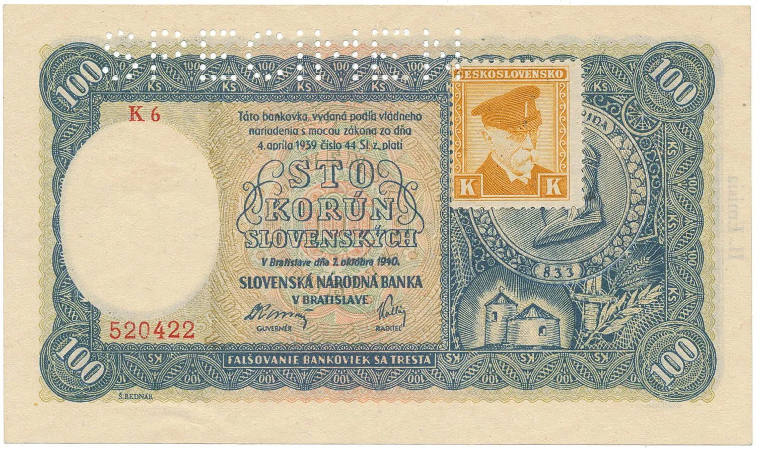 Československo, 100 Koruna 1940/1945, II. vydání, kolkovaná, série s 1 číslem, perf. 1x SPECIMEN nahoře, Hej.63a1.S1