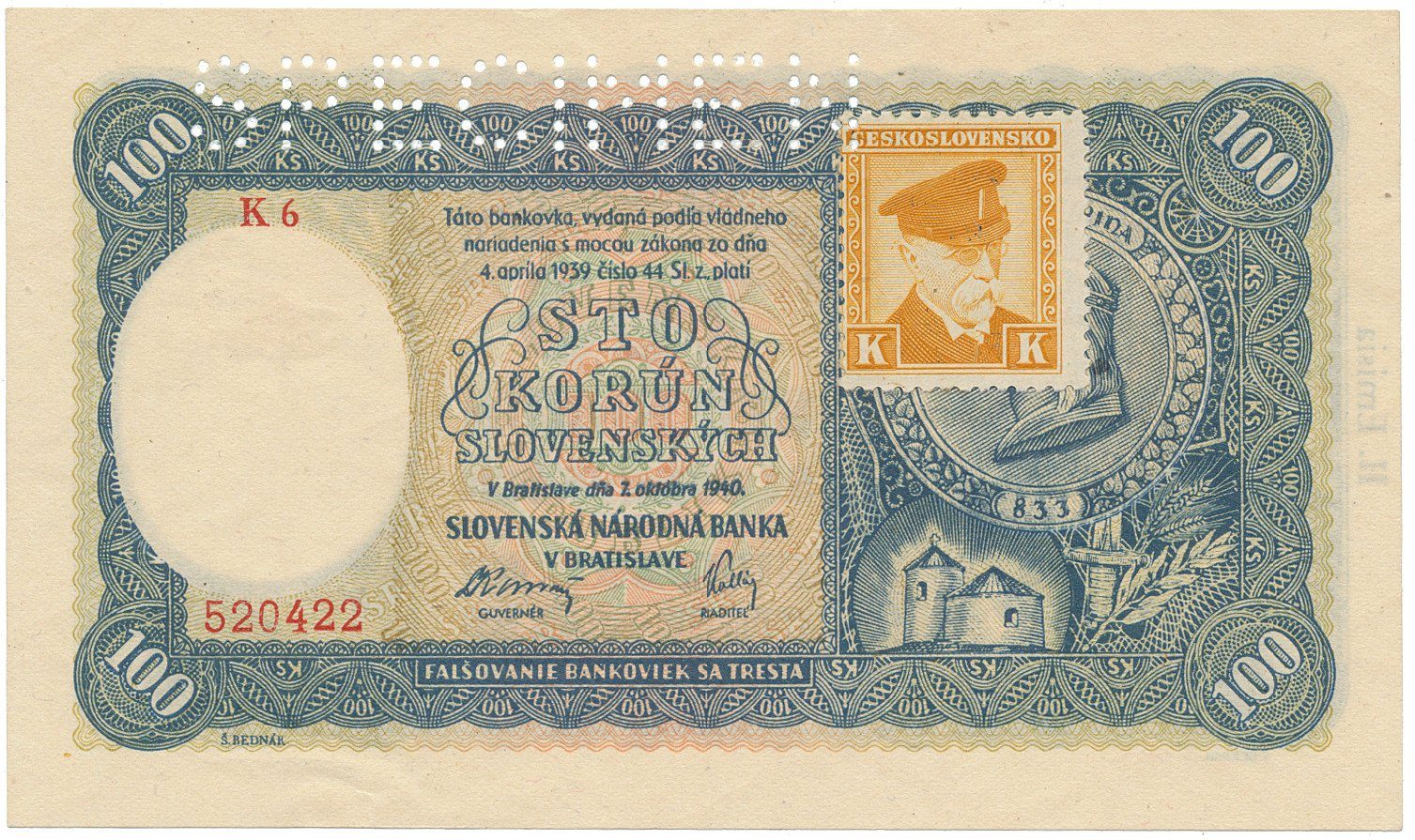 Československo, 100 Koruna 1940/1945, II. vydání, kolkovaná, série s 1 číslem, perf. 1x SPECIMEN nahoře, Hej.63a1.S1