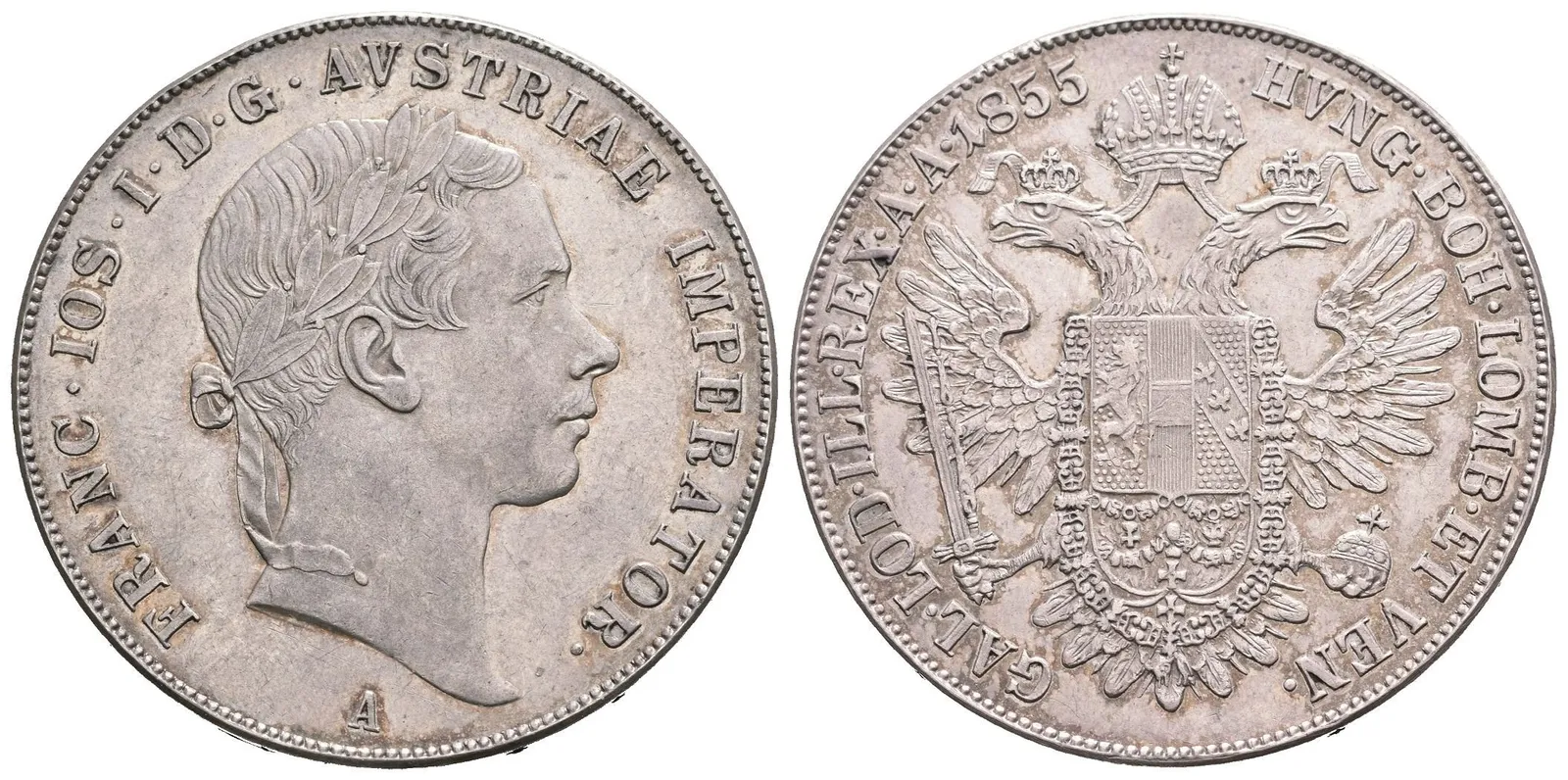 Tolar 1855 A, velmi pěkná zachovalost, zbytky lesku, patina, rysky a drobné hranky — 1